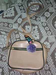 Cute Beige Crossbody Bag with Pom-Pom