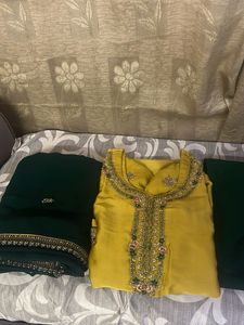 Yellow &amp; Green Embroidered Salwar Kameez