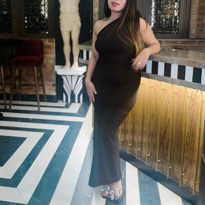Brown Bodycon On Shoulder Slit Maxi Dress