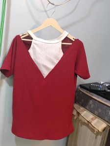 Red & White V-Neck Top