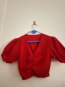 Red Puff Sleeve Cropped Blouse