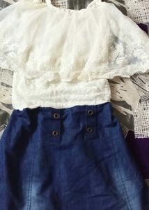 White Lace Top with Denim Skirt
