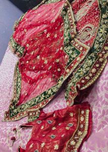 Cherry Red &amp; Green  Embroidered Lehnga With Dupatt