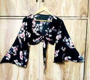 Black Printed Crop Top Size-30
