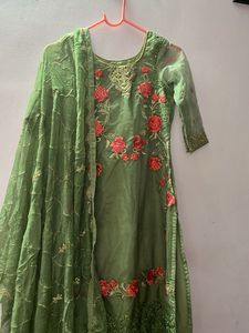 Green Embroidered Organza Kurta Set