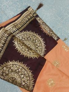 Heavy Embroidery Saree.... Peach And Brown Beautif