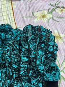 Lace Zip Up Goth Jacket Top Black &amp; Teal