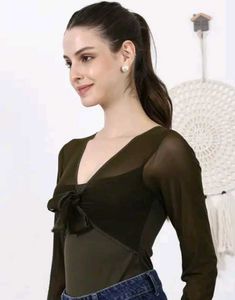 Shein Bell Sleeve Mesh Overlay Front Tie-Up Leotar