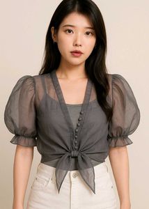 Sheer Puff Sleeve Tie Top