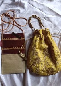 Yellow Embroidered Pouch Set