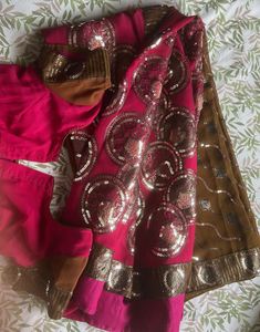 Pink & Brown Sequin Saree with Blouse