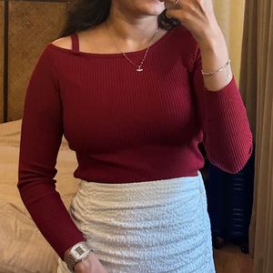 Red Ribbed One-Shoulder Top