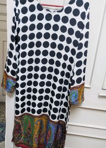 Polka Dot White Black Kurta Dupatta Set