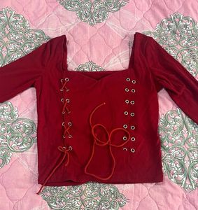 Red Lace-Up Long Sleeve Top