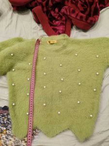 Green Fuzzy Pearl Detail Sweater