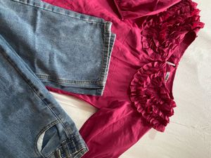 Wide Leg Jeans With Ruffle Top