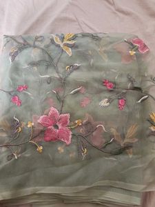 Green Floral Organza Dress/Saree Material