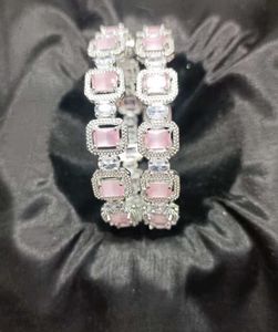 Pink Gemstone Silver Bangle Set