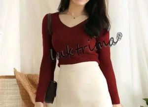 Red V-Neck Ribbed Knit Top