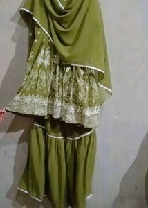 Olive Green Embroided Kurti With Garara &amp; Dupatta