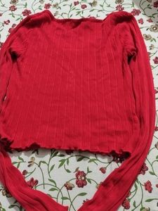 Red Ribbed Button-Up Top