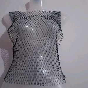 Diamante  mesh Top sleeveless  black net  tank