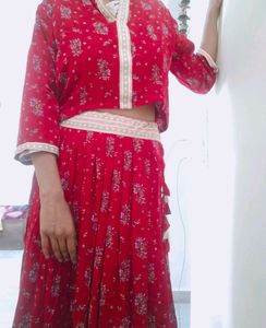 Red Floral Ethnic Skirt & Top Set
