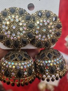 Black &amp; Gold Jhumka Earrings