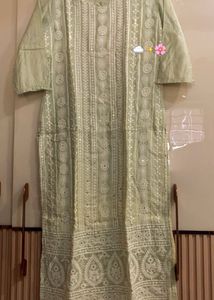Pastel Green Embroidered Cotton Kurta with pant an