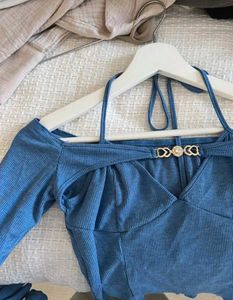 💙 SHEIN Chic Blue Bell Sleeve Crop Top 💙