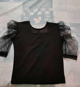 Solid Black Top with Puffed Net Sleeves
