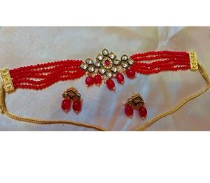 Red Kundan Choker Set With Earring
