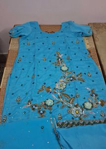 Blue Crepe Suit With Heavy Stone Work