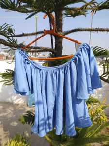 Blue Off-Shoulder Flared Sleeve Top