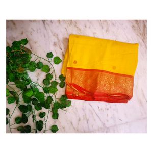 Bengali Yellow Cotton Saree With Red Border with Plain Readymade Blouse