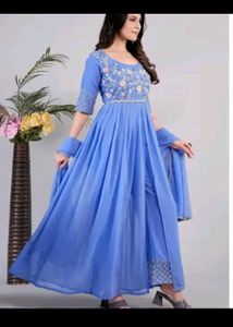 Blue Front Slit Kurti With Plazoo And Dupatta