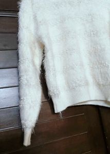 Women White Fur Fluffy Knit Casual Pullover