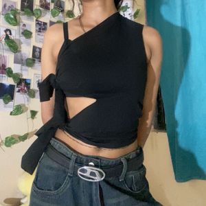 Black One Shoulder Tie Top