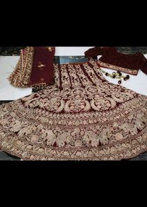 Heavy Dapka Hand Work Maroon Velve Bridal Lehnga