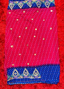 Pink & Blue Chunri Embroidered Saree