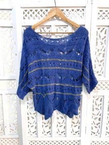 Stylish Blue Crochet Knit Batwing Top B