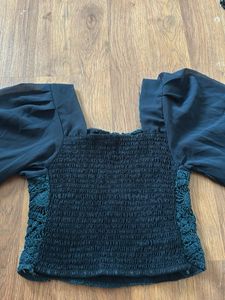 Crochet &amp; Chiffon Balloon Sleeve Top