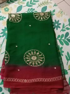 Green &Pink  Embroidered Saree No Blouse