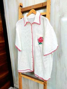 Rose Embroidered White Shirt Size-48