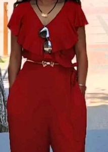 Red V-Neck Jumpsuit