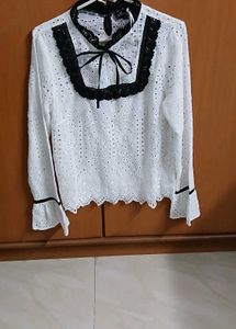 Elegant White & Black Lace Blouse - M Size