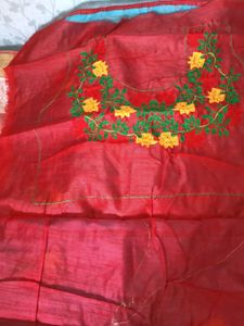Blue With Red Floral Design ChanderiCotton Saree