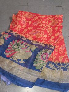 Red &amp; Blue Peacock Saree