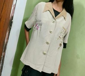 Embroidered Beige Top korean