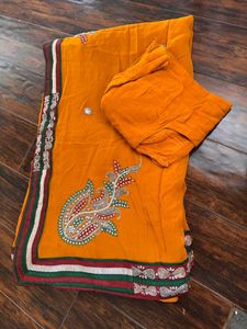 Mustard Yellow Saree With emblished Border &amp;Blouse